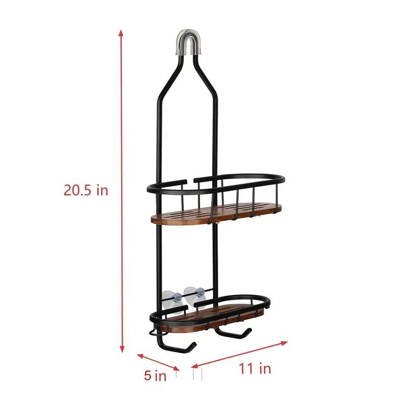 Utopia Alley Rustproof Teak Overhead Shower Caddy Organizer with 2 Shelves - Includes Shower liner and shower hooks, Black