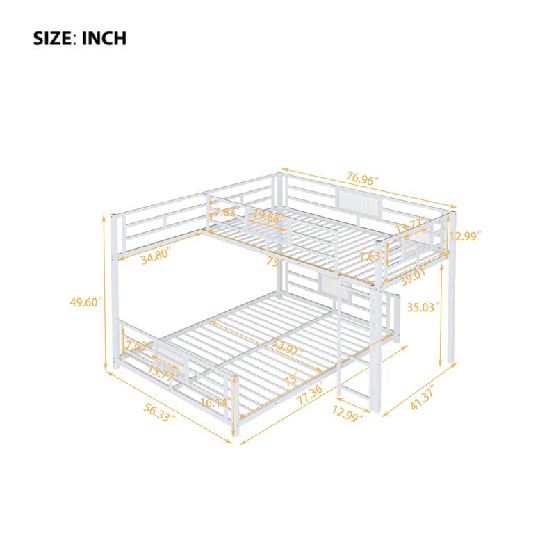 L-Shaped Twin Over Full Metal Bunk Bed in White