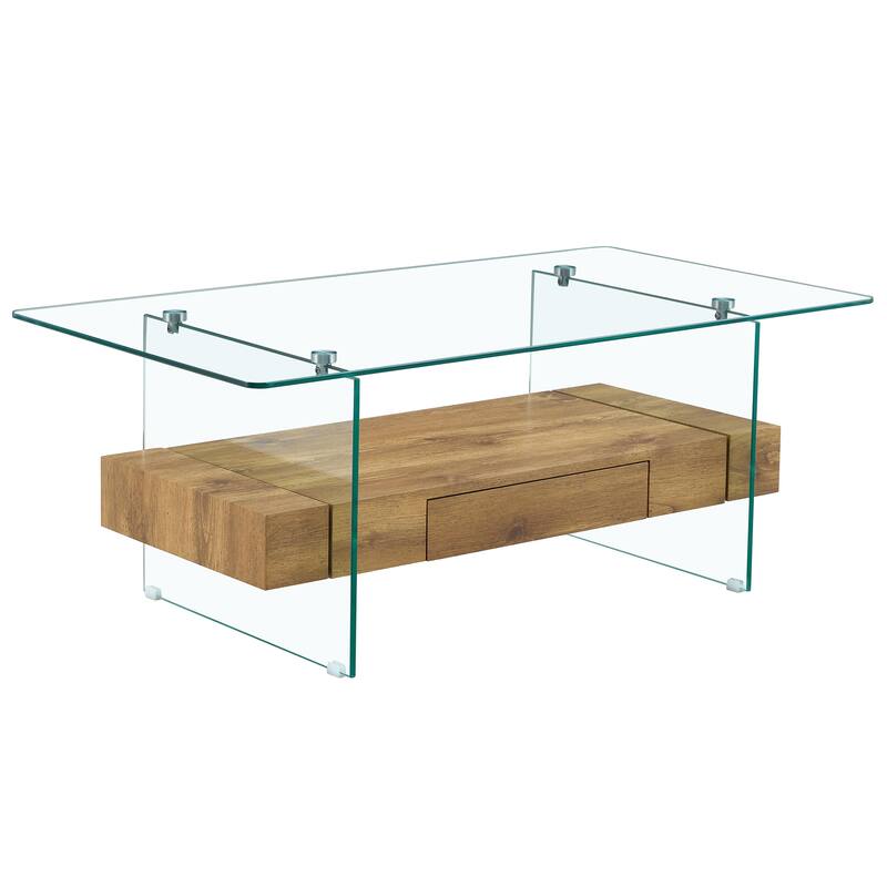43.3 Inch Modern Two-Tier Coffee Table, Multifunctional Storage Design. The bottom tier includes a drawer
