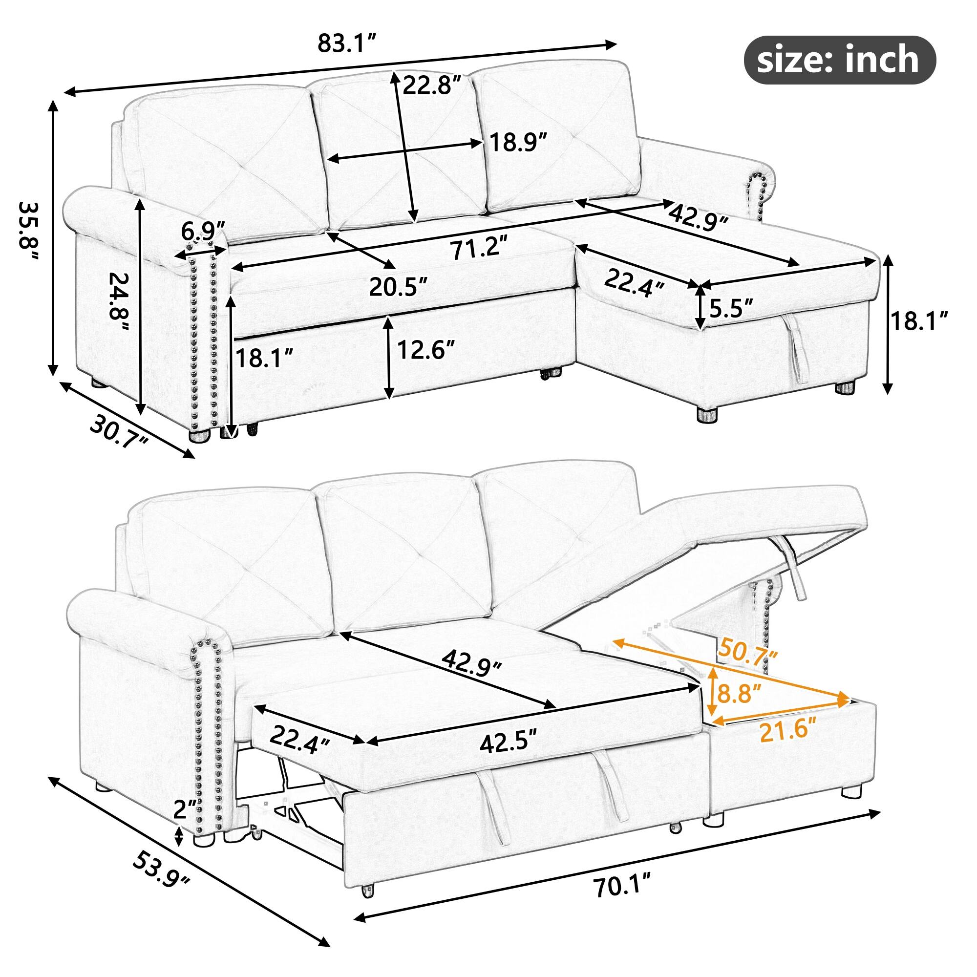 Velvet Modern Sleeper Sofa Bed with Storage Chaise, Convertible LShape Sectional Couch Bed