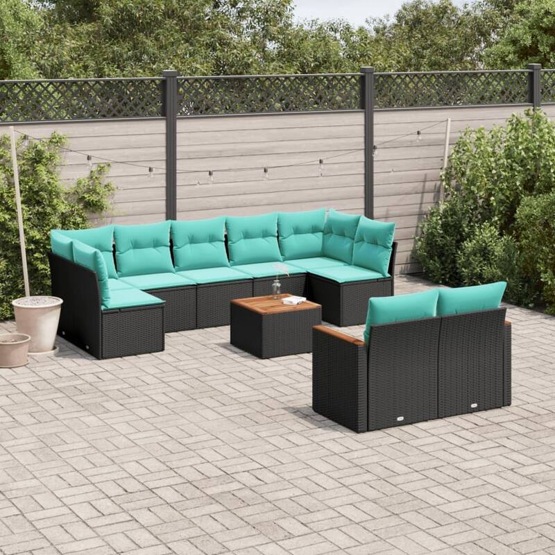 vidaXL 9/10 Piece Patio Sofa Set with Cushions Black/Brown/Gray Poly Rattan - 24.4 x 24.4 x 27.2 - Black With table