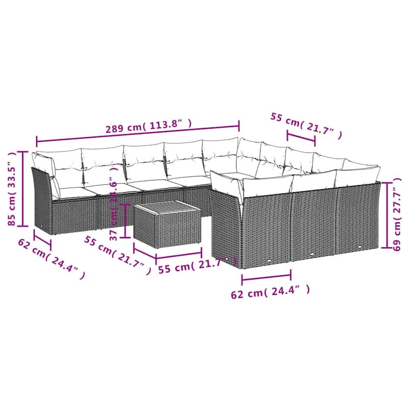 vidaXL Garden Sofa Set Black PE Rattan Large Removable Covers - 113.8 x 33.5 x 24.4