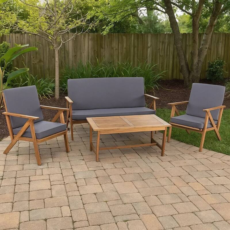 Namm 4pc Outdoor Table, Chairs, Loveseat Set, Brown Acacia Wood, Gray