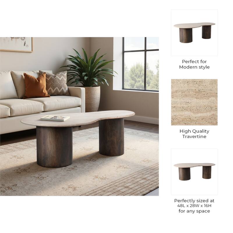Mango Wood Travertine Curvy Top Coffee Table - Brown, 16" - 48.0"