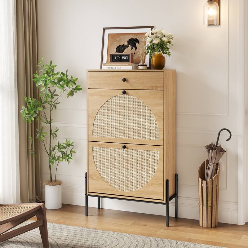2-Door Shoe Storage Cabinet with Rattan Fronts & Drawer/Freestanding Entryway Organizer with Adjustable Shelf