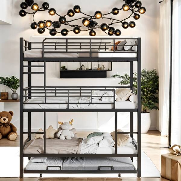 slide 2 of 11, Low Bunk Design Twin Size Trundle Bed with Guardrail and Ladder Black