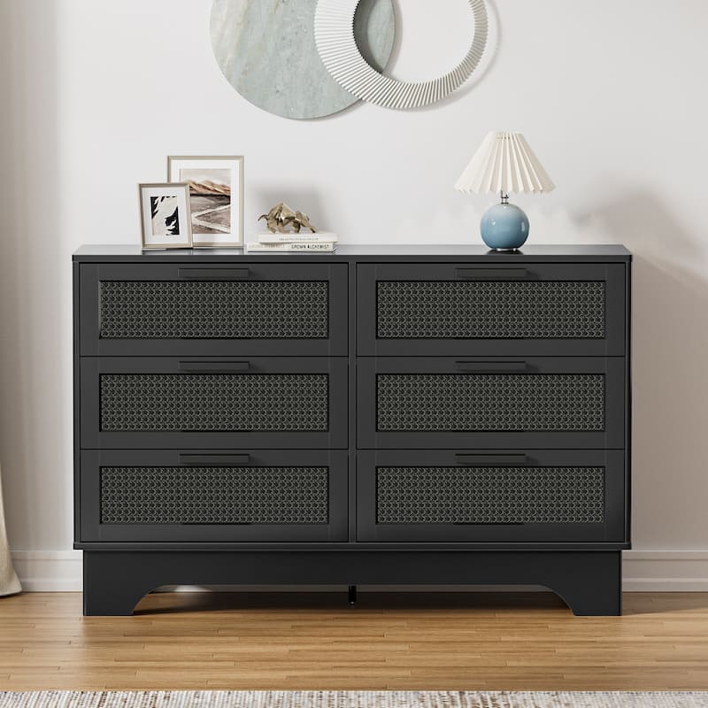 Anmytek Modern Black 6-Drawer Double Dresser for Bedroom Wood Rattan Chest of Drawers