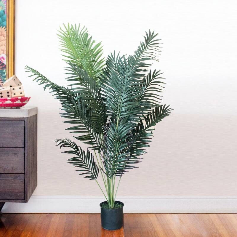 Artificial Palm Tree 5ft Tall Indoor, Modern Faux Palm Plant with Planter, Realistic Tropical Decor - 5ft.