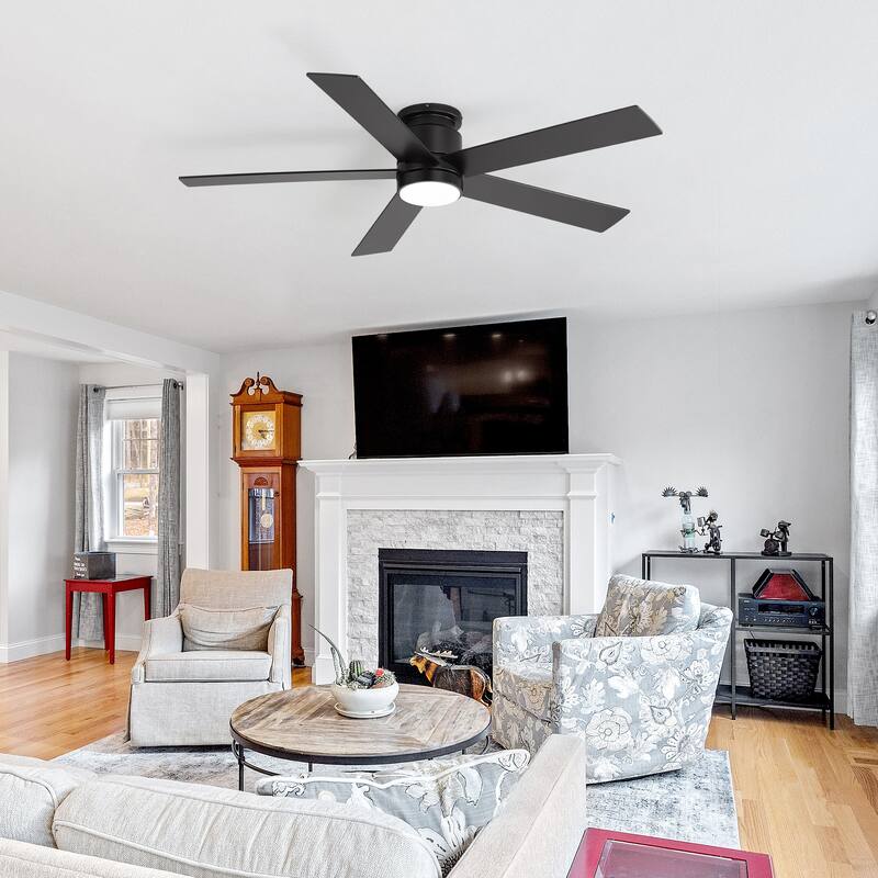52-inch Black Flush Mount Ceiling Fan with LED Light and Remote
