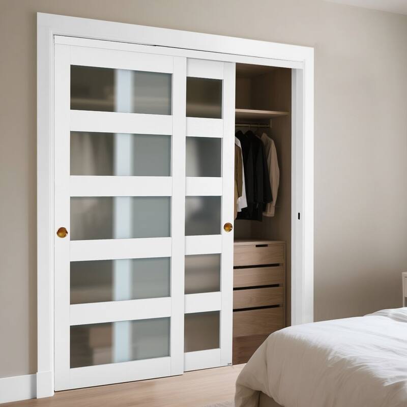 White Wood MDF Sliding Closet Doors with Frosted Glass Panels