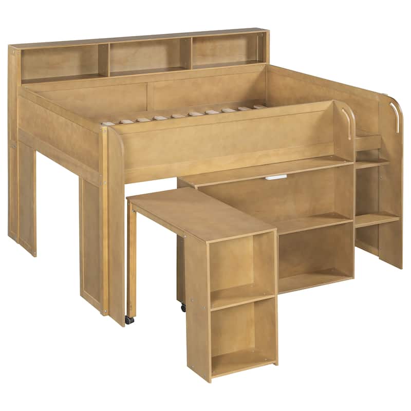 Full Size Wood Kids Loft Bed Frame with Pull-out Desk, Multiple Storage Bookshelf Built-in LED