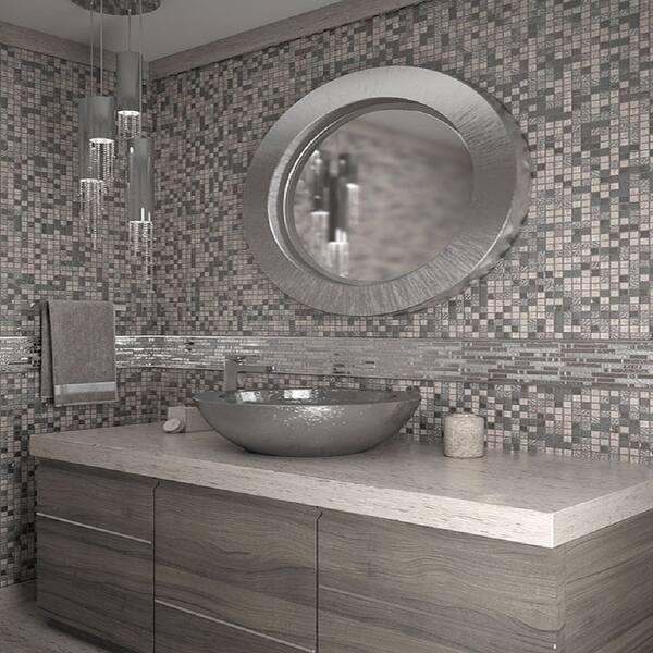slide 2 of 2, Apollo Tile 5 Pack Silver And Gray 11.7-in. x 11.7-in. Polished Glass and Stone Mosaic Tile (4.75 Sq ft/case)