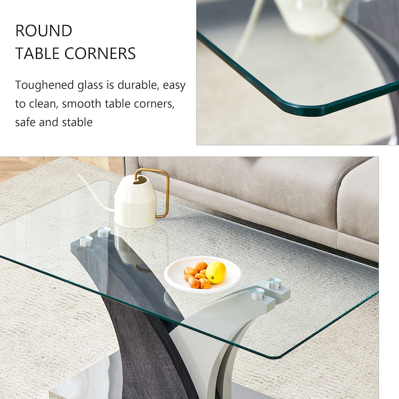 39.4" Modern Rectangular Coffee Table with Tempered Glass Countertop and Artistic MDF Legs