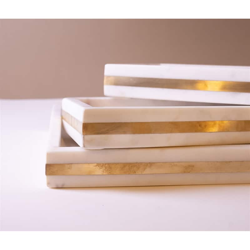 Med. White Marble Tank Tray w Brass Inlay 15"x6"