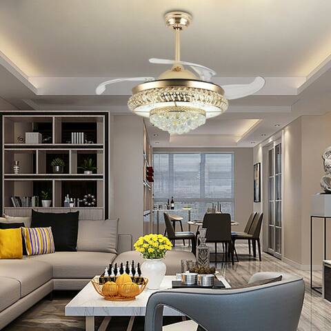 36" Crystal Retractable LED Ceiling Fan Light with Remote