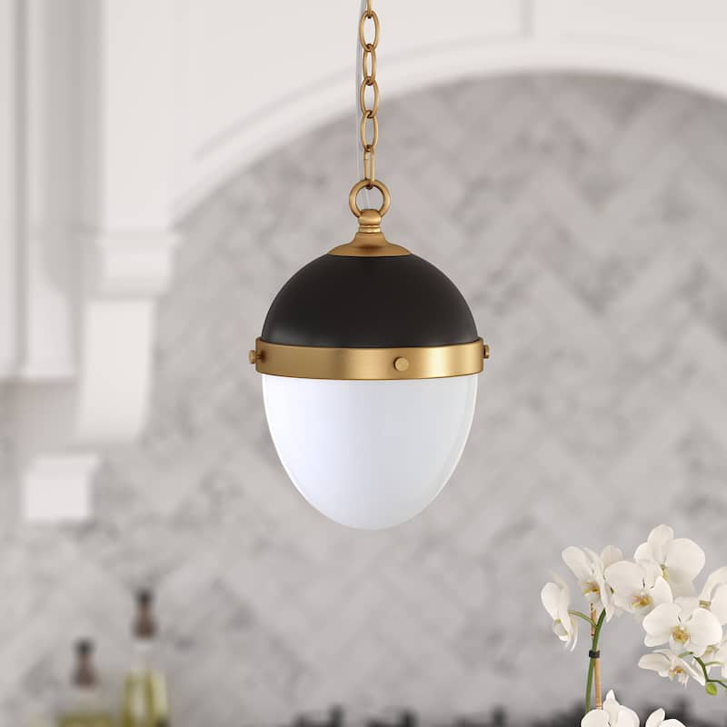 Aurelia 9" Wide Pendant with Glass Shade - 9.13" Wide - Brass with Blackened Bronze and White Milk Glass