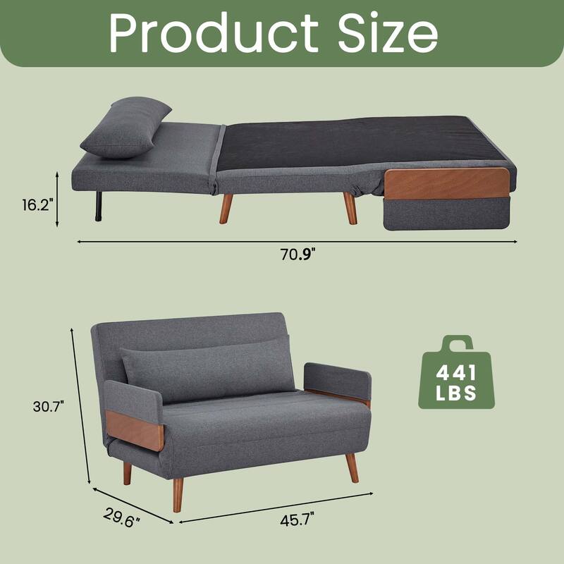 Extra Wide 3 in 1 Loveseat Folding Sofa Bed 10s Convert 3 Position Backrest Gray Small Apartment