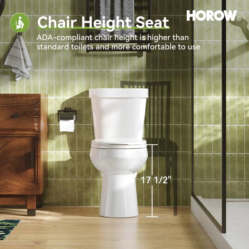 HOROW 17 Inch ADA Chair Height 2 Piece High Efficiency Dual Flush Round Toilet White 1.28 GPF Strong Flush Soft Close Seat