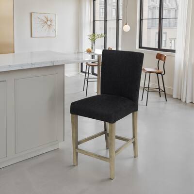 Zeus Counter Height Chair, Black Fabric Upholstery, Gray Oak Wood Legs