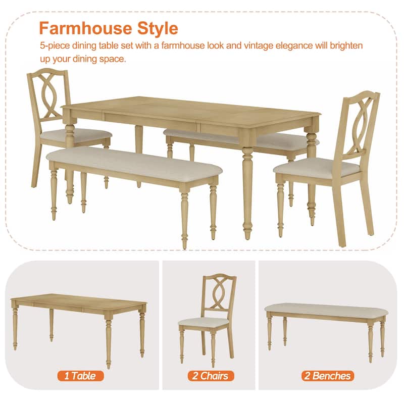 5-Piece Dining Table Set, Farmhouse Wood Dining Room Set for 6, Oak