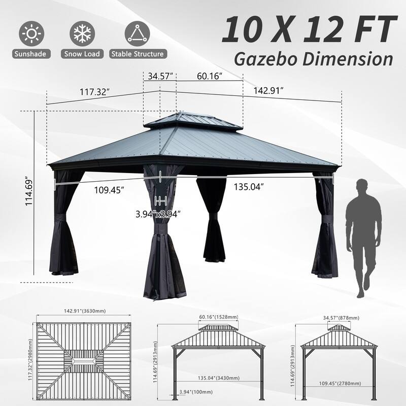 Domi 10x14FT Resin Hardtop Gazebo with Drainage Gutter, 2025 Upgraded Outdoor Metal Gazebo Canopy with Double Roof