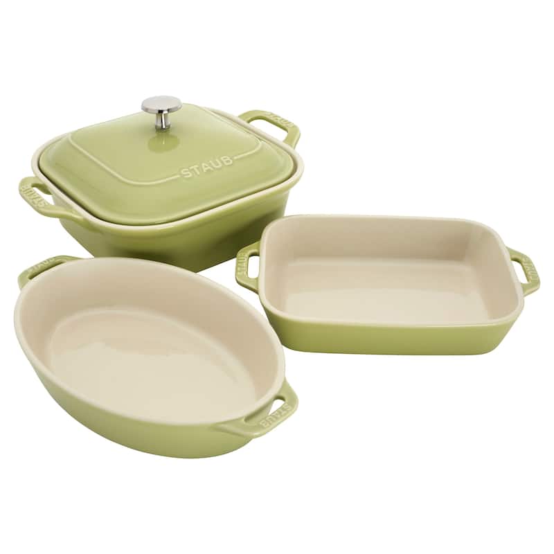 Staub Ceramic 4-pc Baking Pans Set, Casserole Dish with Lid, Brownie Pan, Pastel - Light Green