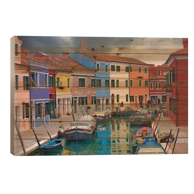 Brightly Colored Architecture Along The Canal, Burano, Venetian Lagoon, Italy Print On Wood by Jim Zuckerman - Multi-Color - 18x26x1.5