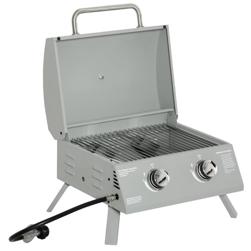 2 Burner Propane Gas Grill Outdoor Portable Tabletop BBQ with Foldable Legs Lid Thermometer, for Camping Picnic, Backyard