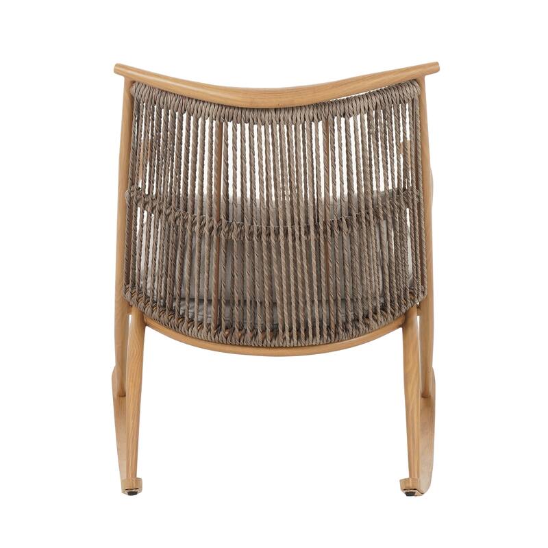 Anmytek Outdoor Rocking Chair with Gray PE Rattan Backrest and Light Gray Cushion Maple Finish Iron Frame Porch Furniture