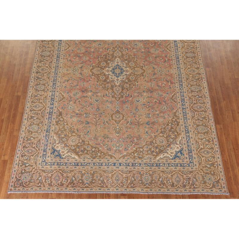 Traditional Pink Mashad Persian Vintage Rug Hand-Knotted Wool Carpet - 8'10"x 12'5"