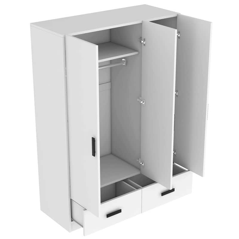 3 Door Bedroom Wardrobe Armoire with 2 Storage Drawers and Hanging Rod, Solid Wood Closet with Storage Shelves
