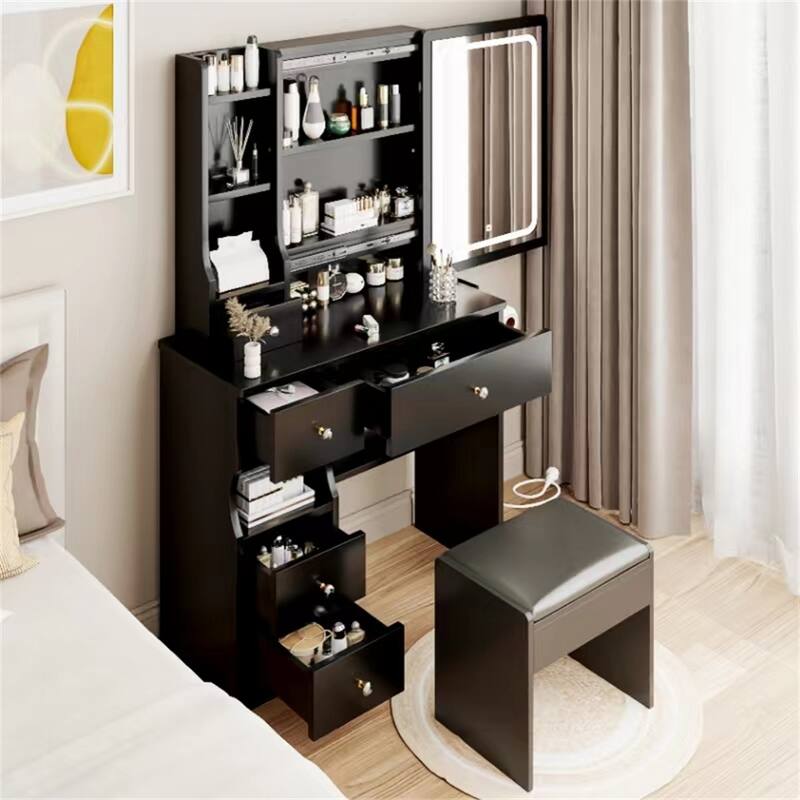 Left Drawer Desktop Vanity Table, Cushioned Stool, 2 AC + 2 USB Socket