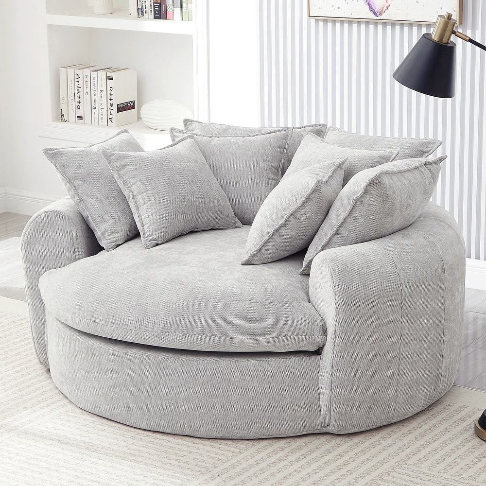 Oversized Round Accent Chair Lounge Chaise, Chenille Upholstered Boneless Sofa Bed, Deep Seat Sleeper Couch Reading Armchair