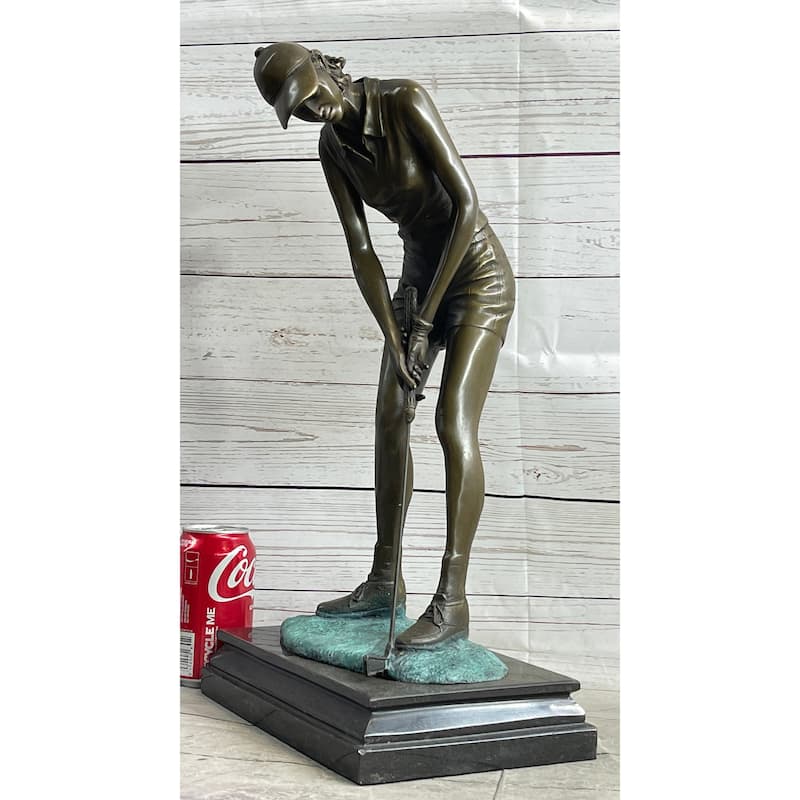 Female Golfer Bronze Metal Statue Sculpture Trophy Figure On Marble Base By Milo