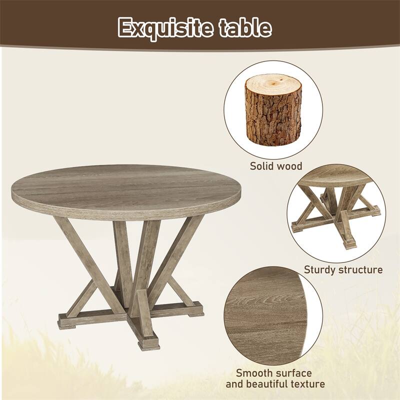 5 PCS Table Set Round Dining Table Solid Wood Modern Farmhouse Rustic