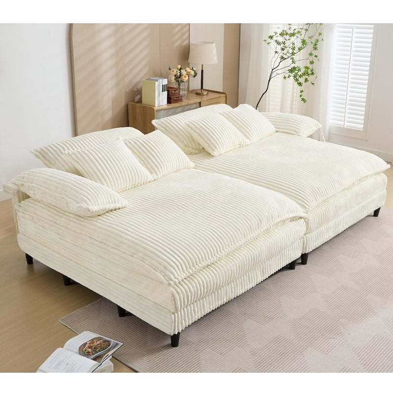 109" W Oversized Corduroy Lounge Chaise Sleeper Sofa 4 Pillows