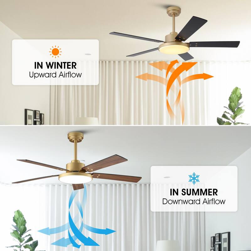 Modern 52" Gold Wooden 5-Blade Indoor Ceiling Fan with LED Light and Remote