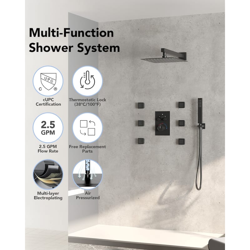 Thermostatic Shower System 12" Rain Shower Head with High Pressure Handheld Spray