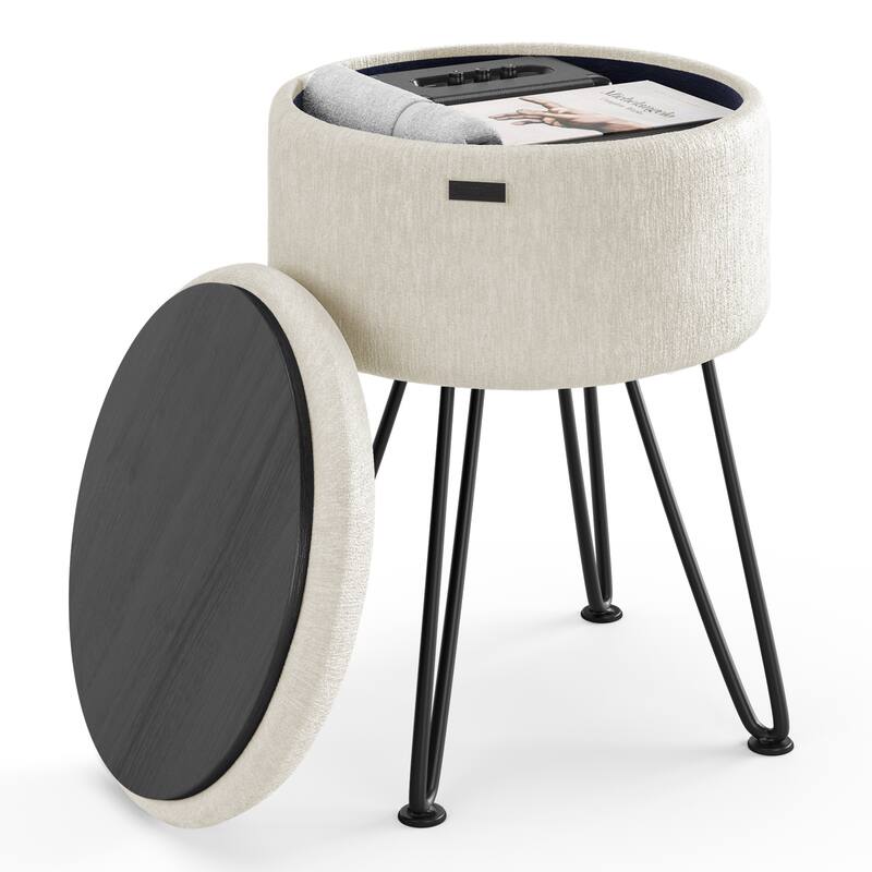 Emperyan Textured Velvet Round Ottoman with Hidden Storage - 17" x 13" - Cream/Black Legs