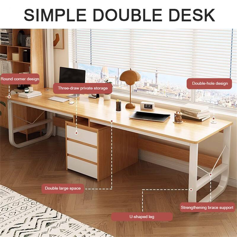 Minimalist Long Two-Person Computer Desk with Storage Drawers