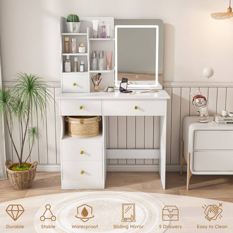 Vanity Desk with Sliding Mirror and Lights White Makeup Vanities with 5 Drawers ，movable and hidden mirror
