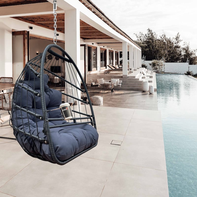Rattan Swing Hammock Egg Basket Chairs with Guardrail and Cup Holder