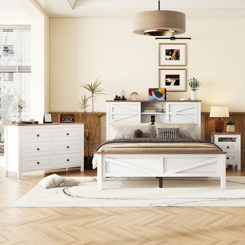 3-Pieces Farmhouse Bedroom Sets, Platform Bed with Sliding Door Storage Headboard and Charging, Nightstand and Dresser - White+Brown - Queen