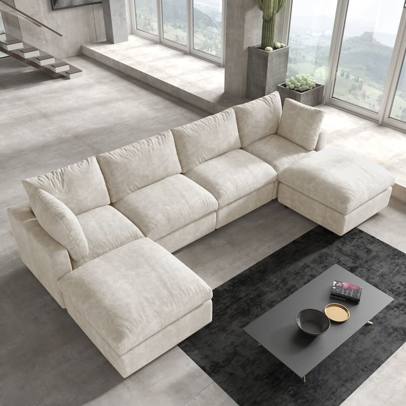 Minimalist U-shaped Upholstered Sofa 4-Seater Chenille Modular Sectional Couch with 2 Ottoman