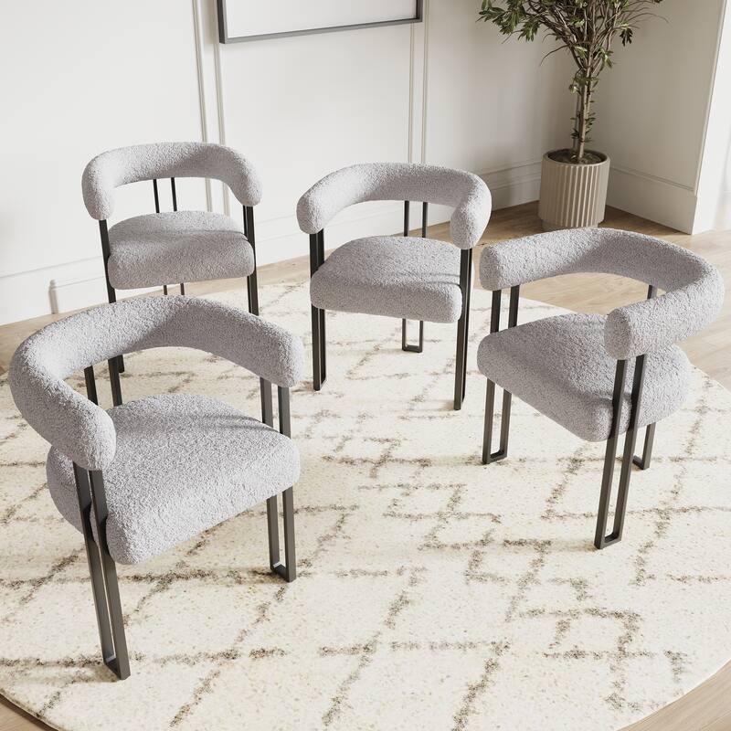 Set of 2 Upholstered Dining Arm Chairs, Bouclé Fabric Accent Chairs with Metal Frame, with Cushioned Seat & Back
