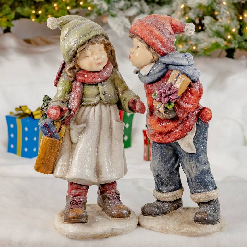 Set of 2 "First Kiss" Standing Christmas Tushka's with Gift - 14"x11"x26"H - Multi - Polyresin
