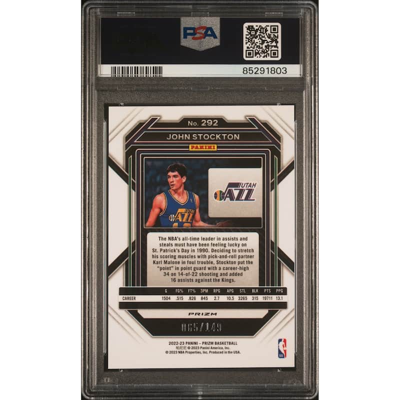 John Stockton 2022 Panini Prizm Purple Ice Basketball Card #292 PSA 9 65/149 - 8'6" x 11'6"
