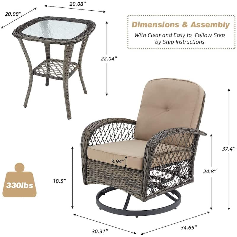 360° Swivel Rocking Patio Chairs Set with Thick Cushions & Tempered Glass Table | Indoor Living Room / Balcony| 3/5-Piece