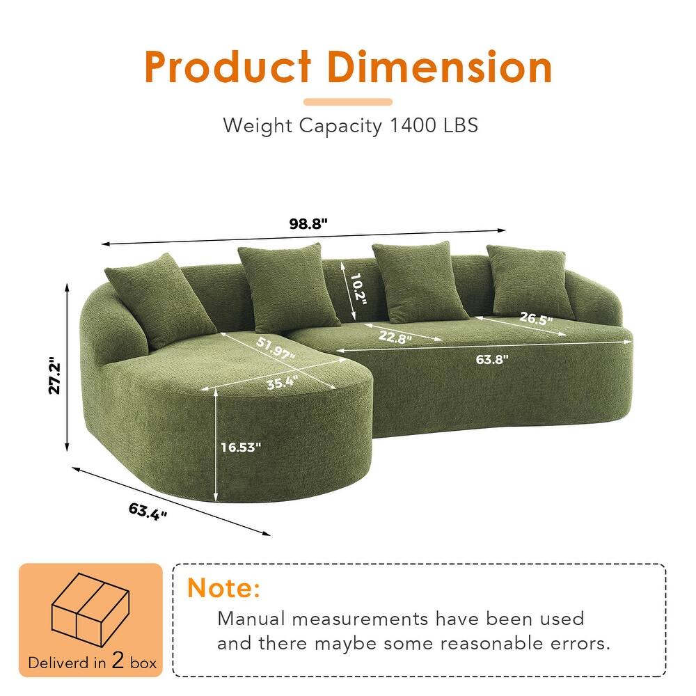 L-Shaped Sectional Sofa with Curved Chaise, Chenille Boneless Cloud Sofa, Modular 4-Seater Sofa with 4 Throw Pillows
