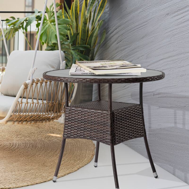 31.5" Round Hand-Woven Rattan Patio Dining Table with Glass Top Perfect for 2-4 Seats - 31.5” x 31.5” x 29”
